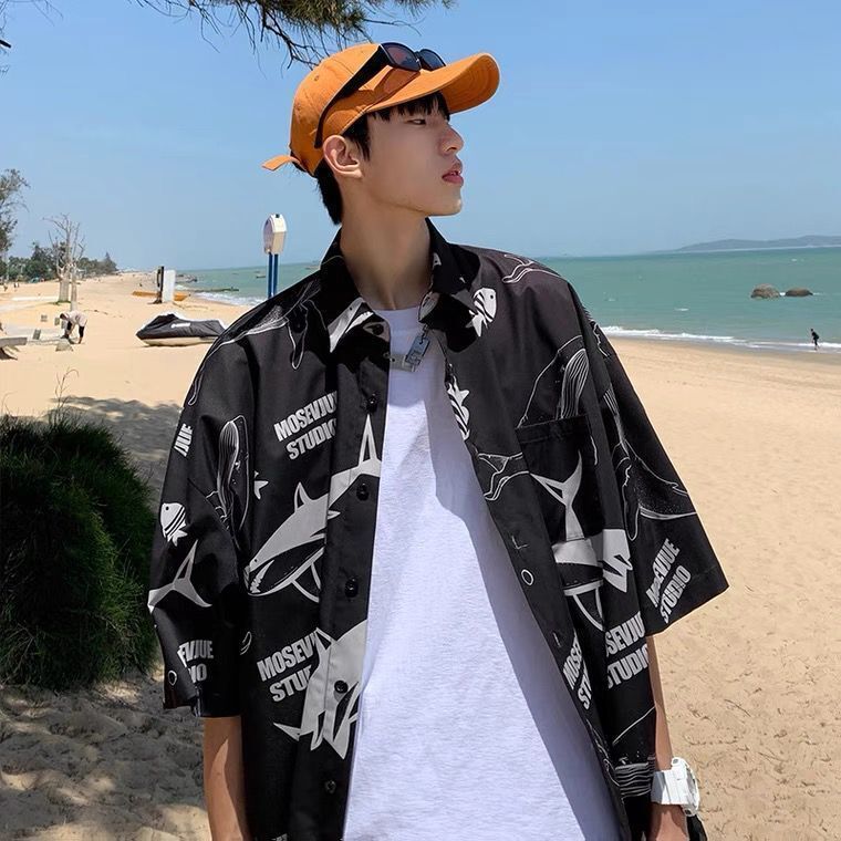 【單件/套裝】鯨魚印花情侶寬松短袖襯衫+T恤+潮流百搭休閑褲三件套