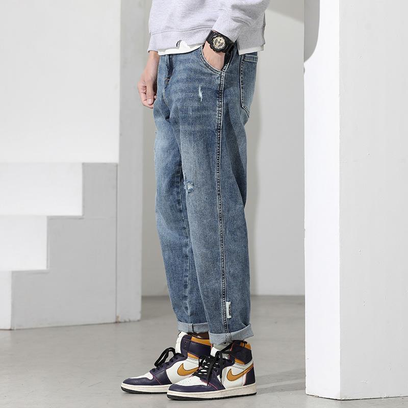 破洞牛仔直筒九分工裝褲裝