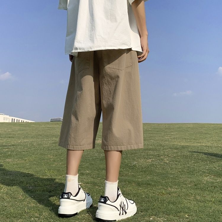 七分褲男士夏季薄款寬鬆過膝短褲美式ins潮牌休閒純色7分闊腿中褲