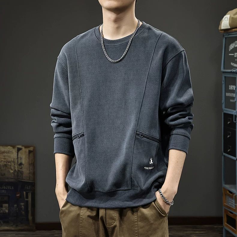 美式工裝拉鍊口袋復古重磅寬鬆圓領長袖T恤