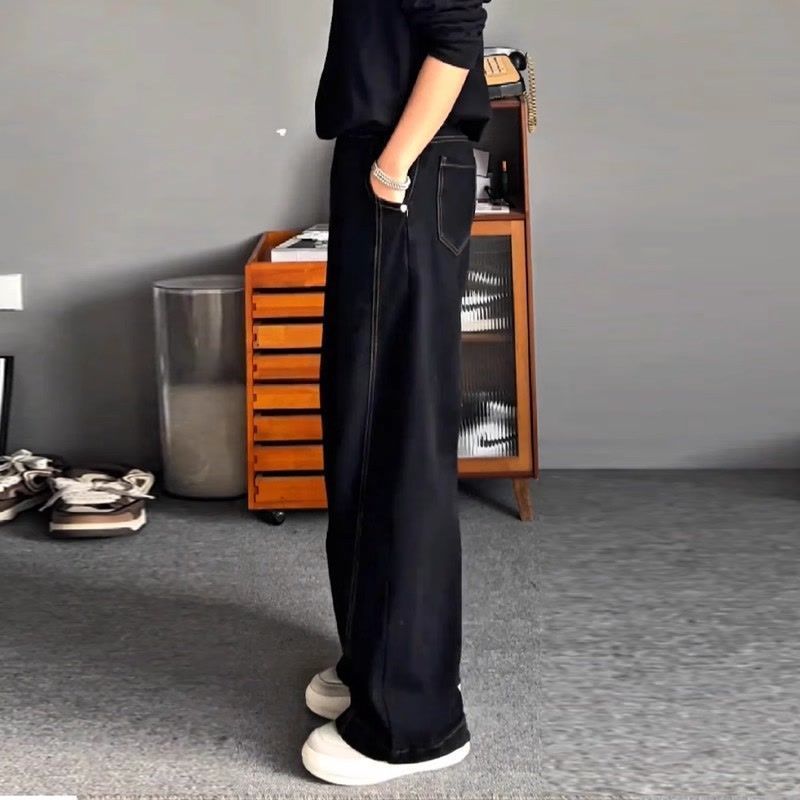 寬版中腰顯瘦百搭大碼闊腿彎刀牛仔褲