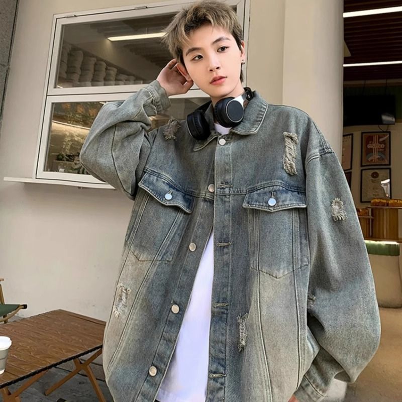 百搭高級感痞帥美式復古工裝夾克破洞牛仔外套