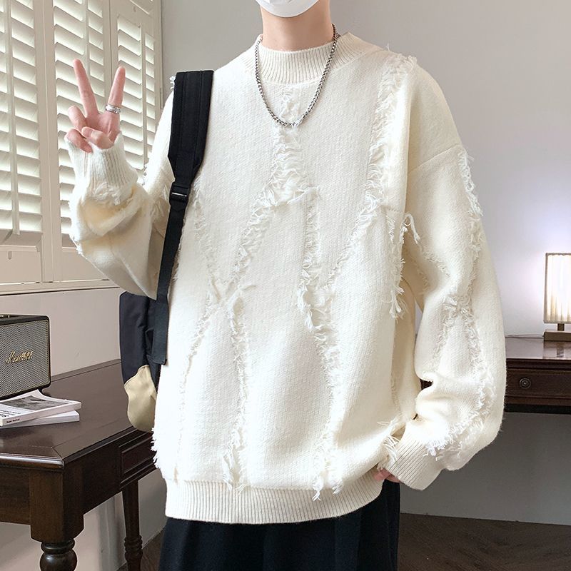 時尚潮流破洞款加厚圓領長袖針織毛衣