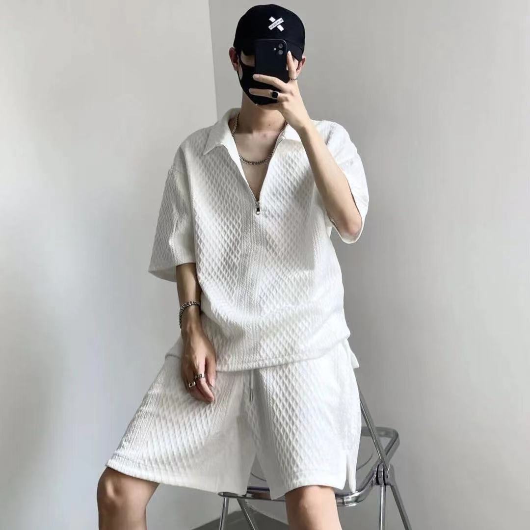 【單件/套裝】高級質感紋理寬鬆翻領短袖+休閒短褲兩件套