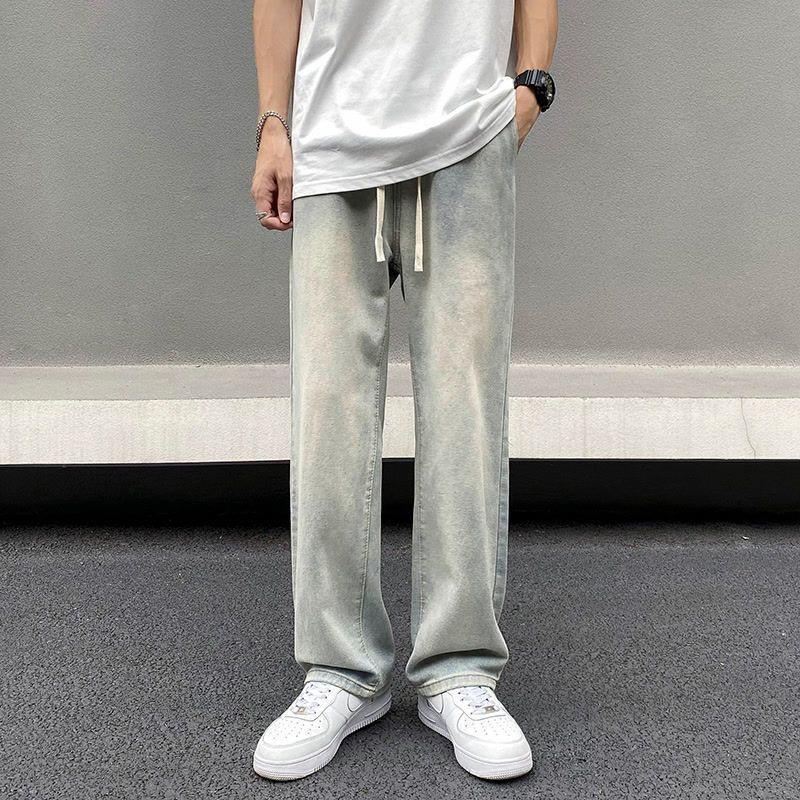 美式薄款寬鬆直筒潮流高街vibe闊腿黃泥牛仔褲