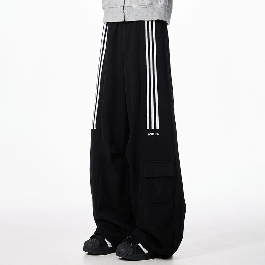 美式三條杠運動多口袋闊腿工裝褲裝