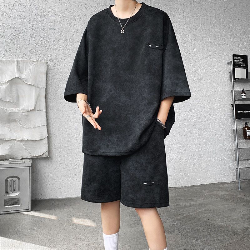 夏季套裝男小眾設計感紮染七分袖t恤短褲潮流酷帥大碼男裝一整套