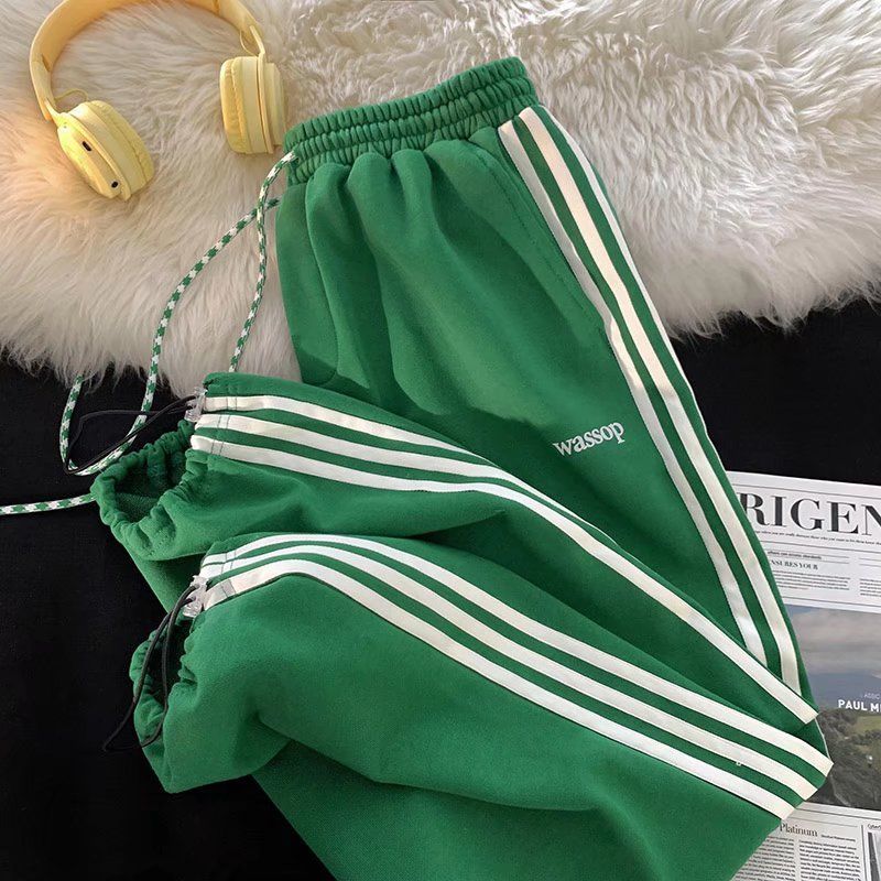 潮流束腳寬鬆百搭闊腿三條桿條紋運動休閒褲