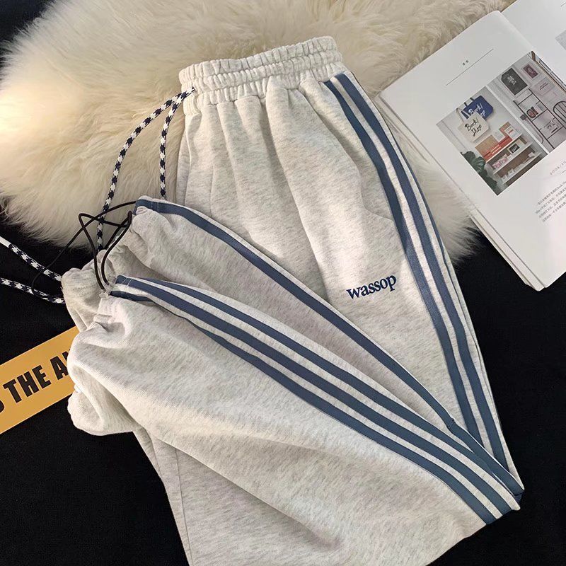 潮流束腳寬鬆百搭闊腿三條桿條紋運動休閒褲