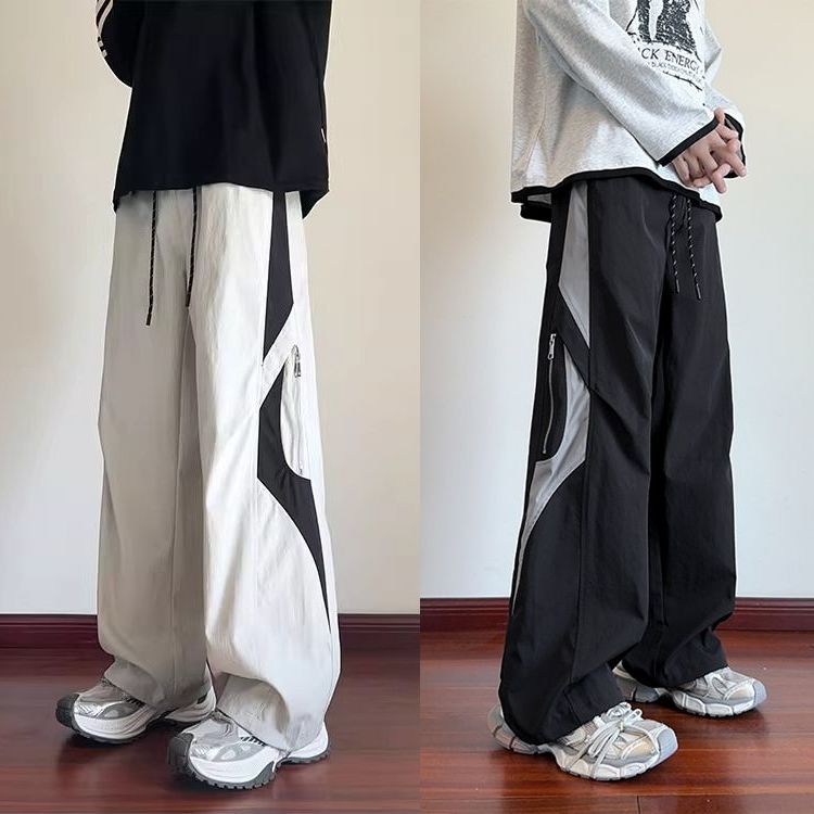 美式高街拼接撞色工裝寬鬆直筒百搭潮流運動褲