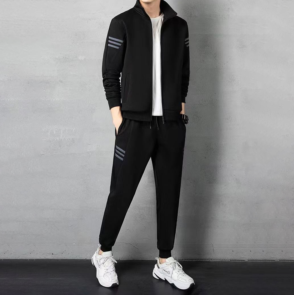 【單件/套裝】運動立領休閒夾克+圓領長袖T恤+束腳系帶褲裝三件套套裝