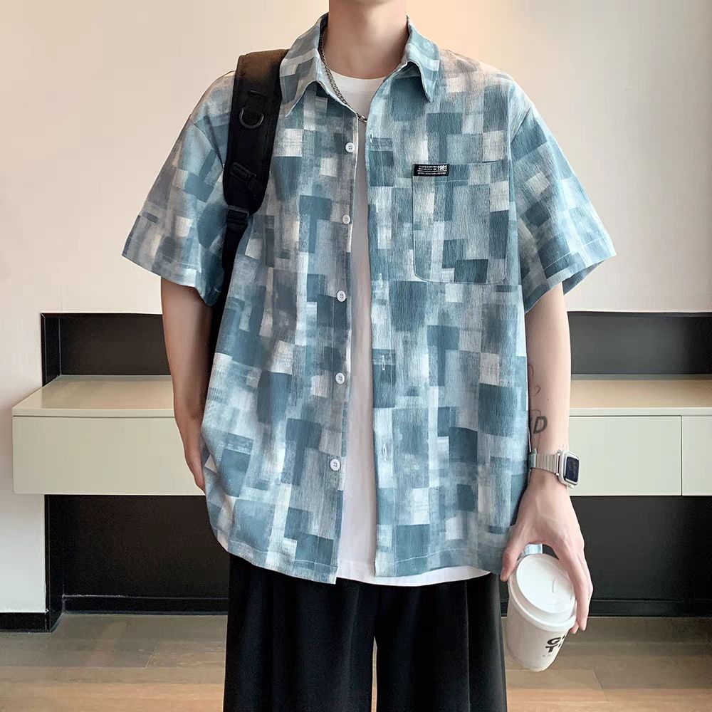 美式復古格子寬鬆薄款痞帥休閑短袖襯衫