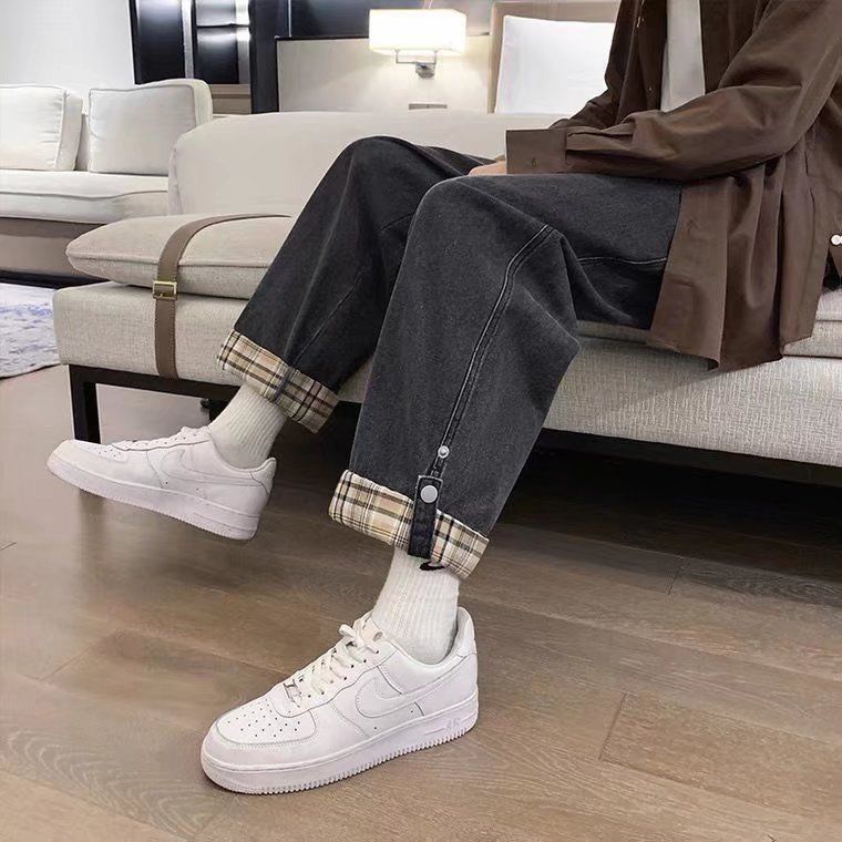 翻邊格子牛仔ins潮直筒九分褲裝