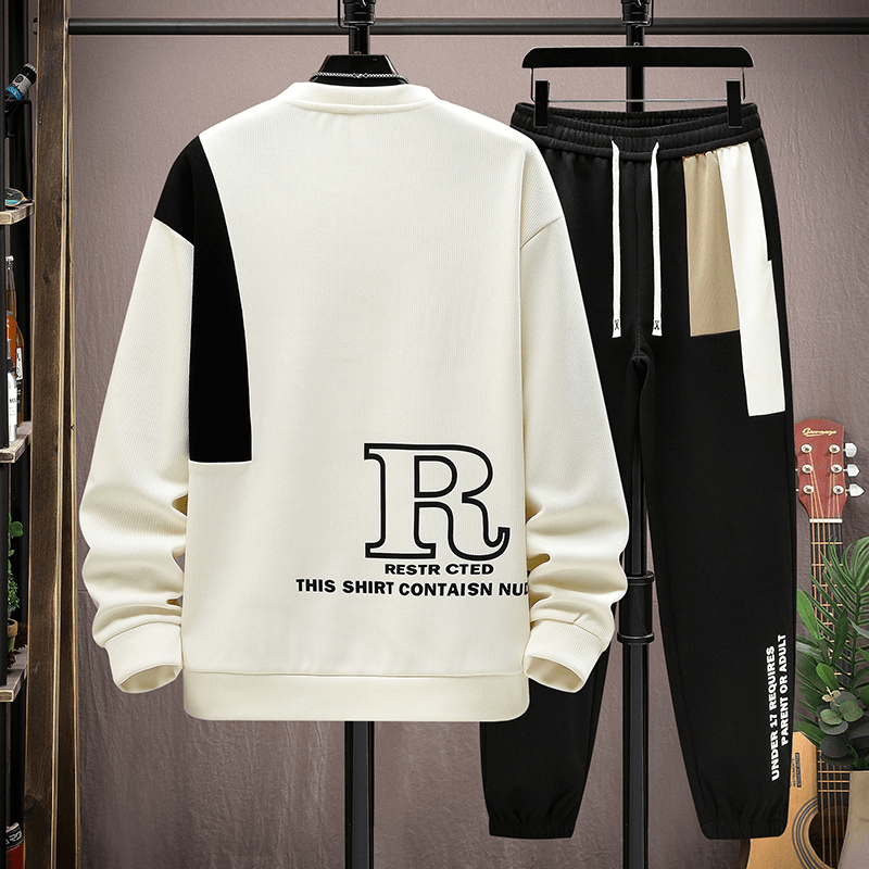 【整套】韓版潮流拼色圓領長袖T恤+寬鬆百搭運動休閒褲兩件套