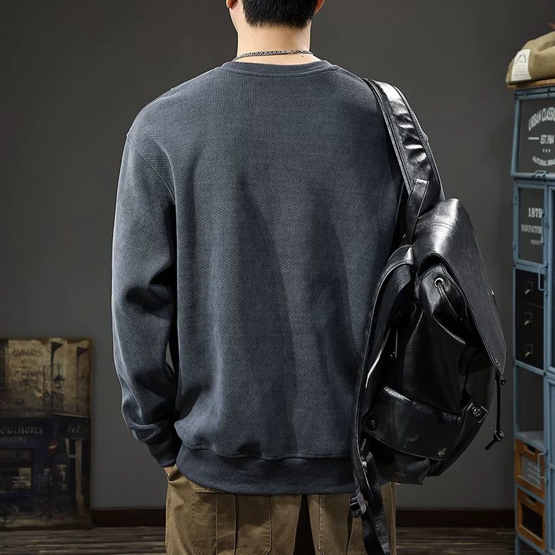 美式工裝拉鍊口袋復古重磅寬鬆圓領長袖T恤