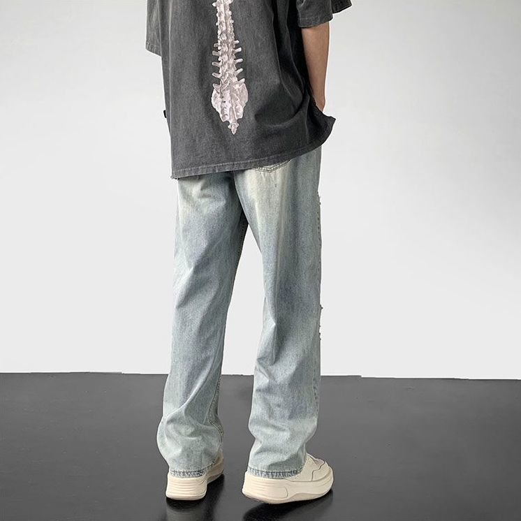 時尚潮流寬鬆闊腿直筒破洞牛仔褲