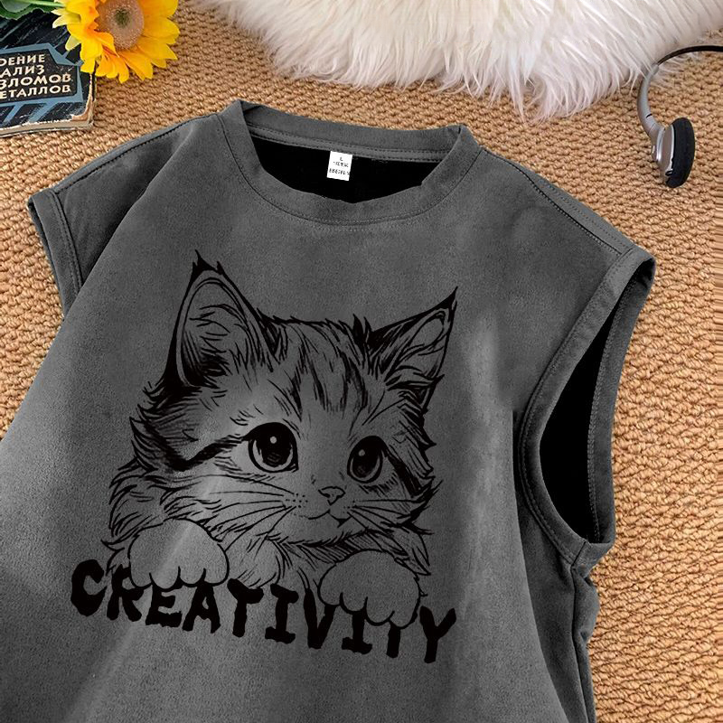 潮牌美式重磅坎肩運動卡通印花麂皮絨背心