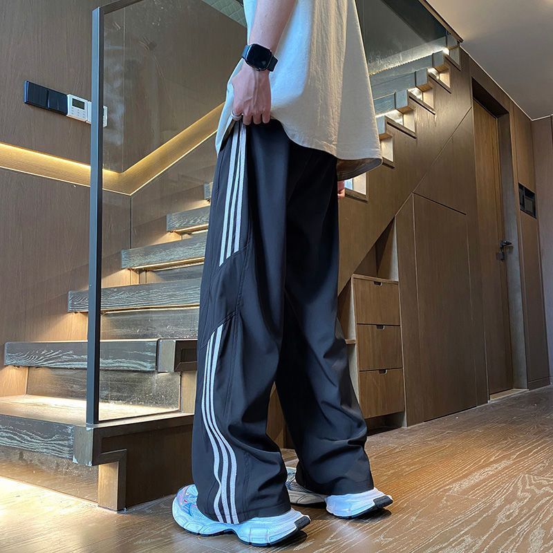 美式三條杠冰絲速乾高街hiphop寬鬆闊腿休閒運動褲