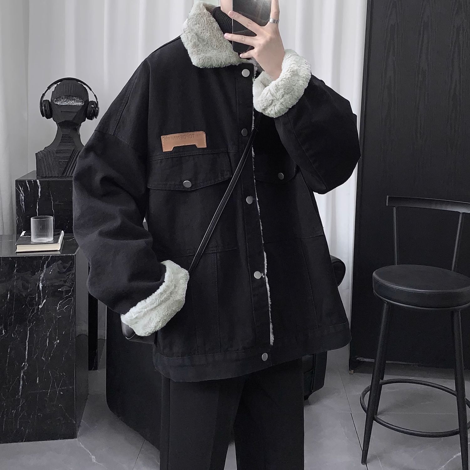 美式帥氣潮流刷毛加厚港風羊羔絨牛仔外套