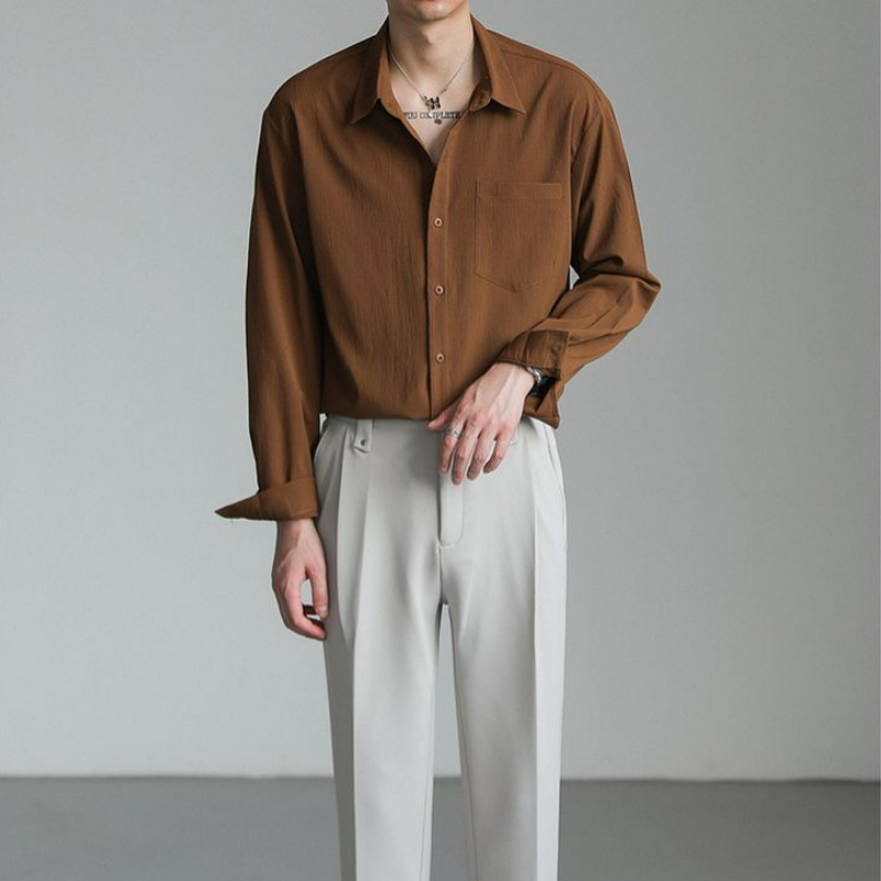 輕熟韓風潮流帥氣寬鬆休閒皺紋垂感長袖襯衫