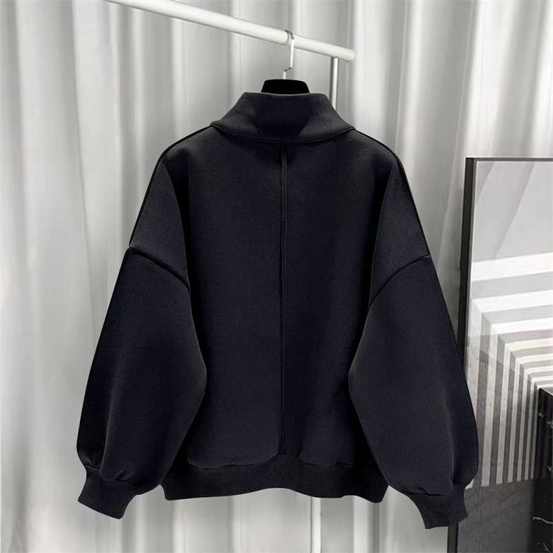 大碼港風百搭寬松運動休閑加絨半高領拉鏈衛衣