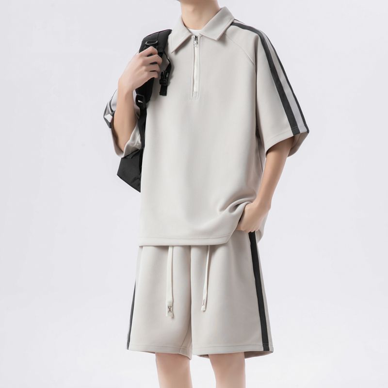 【整套】潮流寬松半拉鏈短袖t恤+運動休閑短褲兩件套