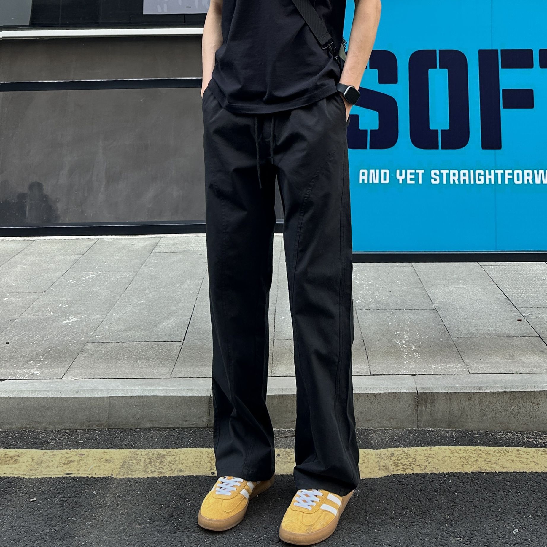 百搭斜切薄款顯高顯瘦涼感直筒休閒褲裝