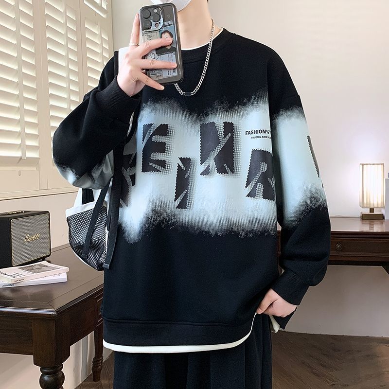 圓領刷毛加厚字母印花寬鬆帥氣長袖T恤