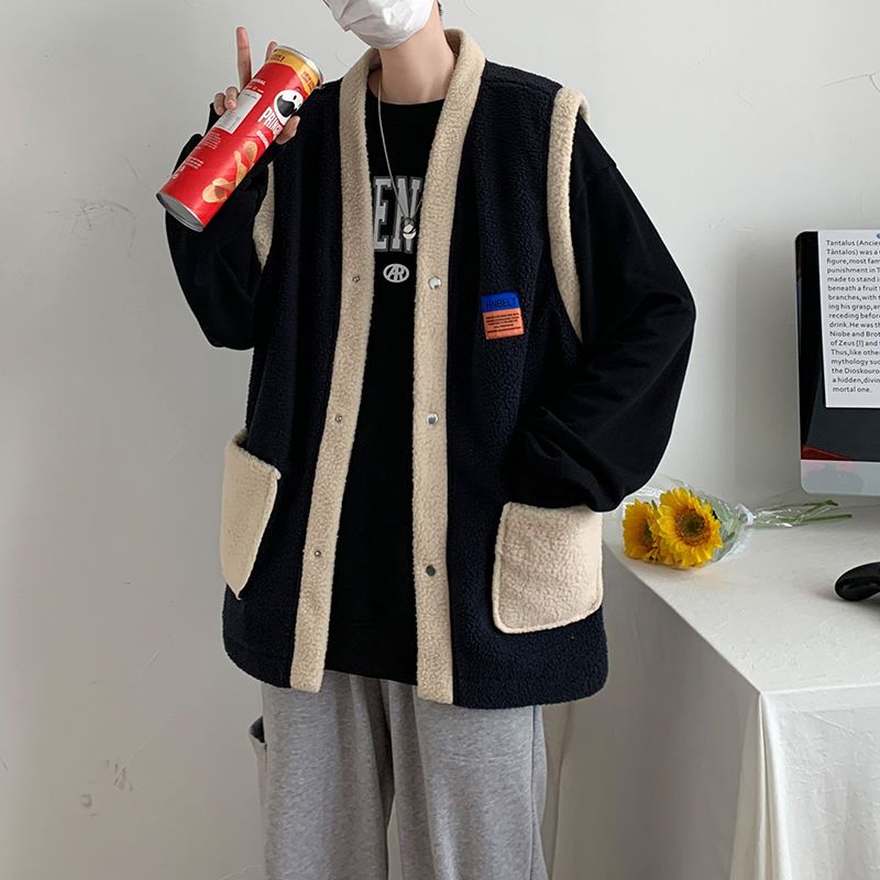 日系寬鬆復古無袖羊羔毛港風毛絨馬甲外套