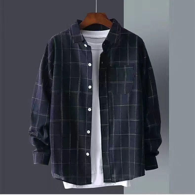 【單件/套裝】帥氣百搭格子襯衫外套+白T恤+寬松休閑九分褲三件套