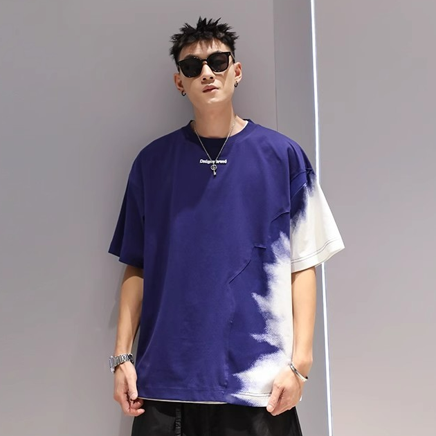 夏季撞色重磅純棉拼接漸變短袖男美式潮牌設計感寬鬆小眾痞帥T恤