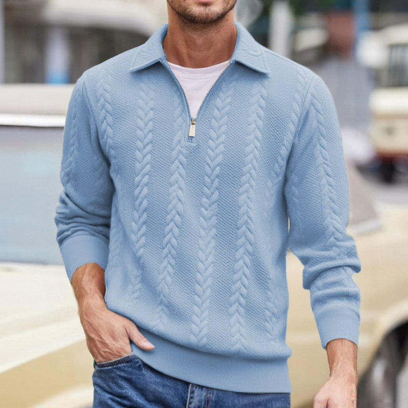 帥氣提花翻領休閒半拉鍊長袖針織衫