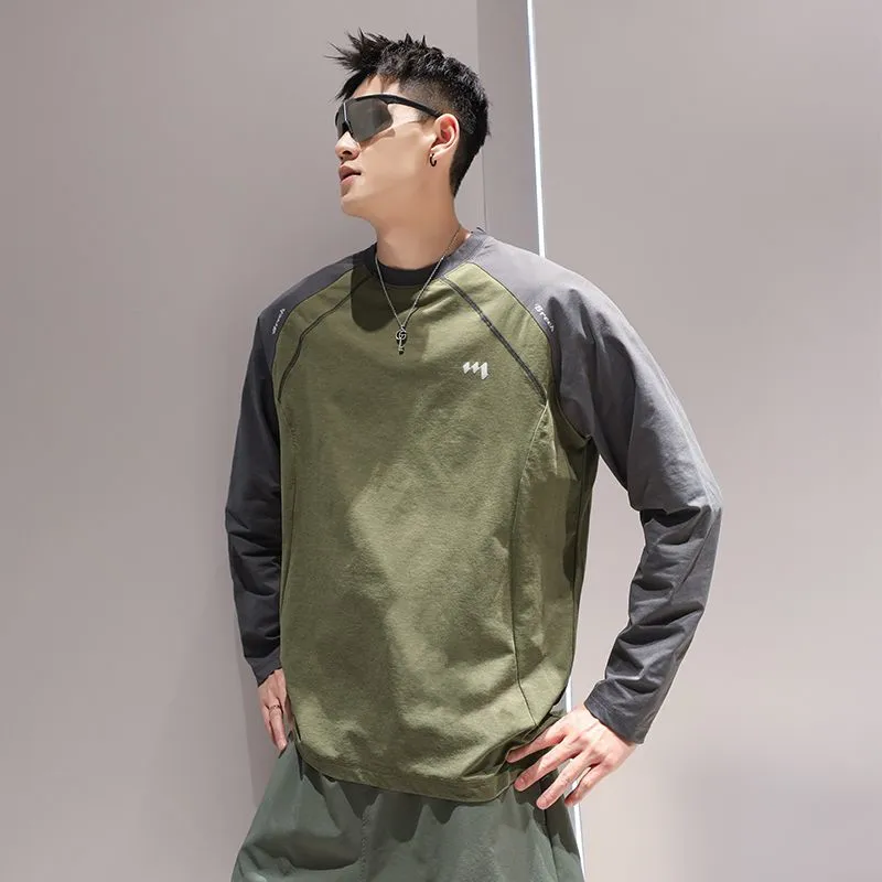 潮牌戶外運動跑步健身薄款帥氣拼接長袖T恤