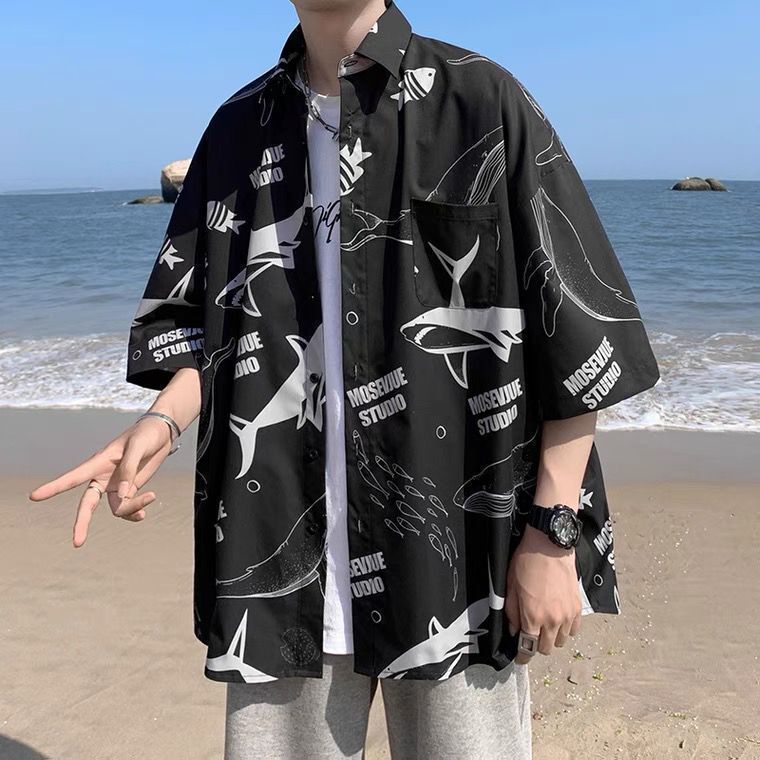 【單件/套裝】鯨魚印花情侶寬松短袖襯衫+T恤+潮流百搭休閑褲三件套