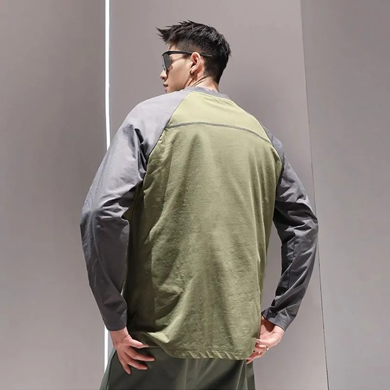 潮牌戶外運動跑步健身薄款帥氣拼接長袖T恤
