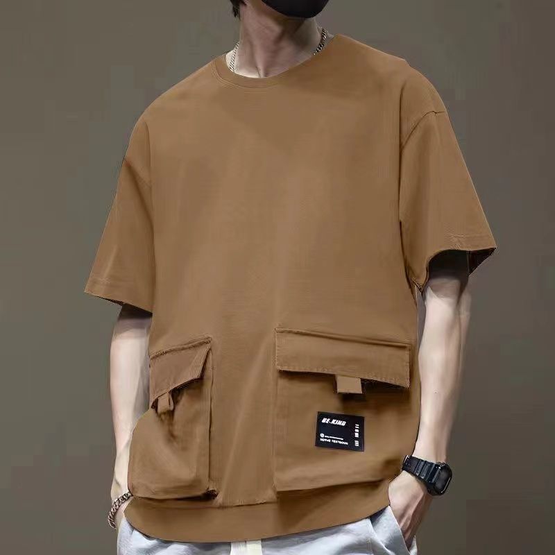 冰絲拼接機能工裝寬鬆立體多口袋短袖t恤