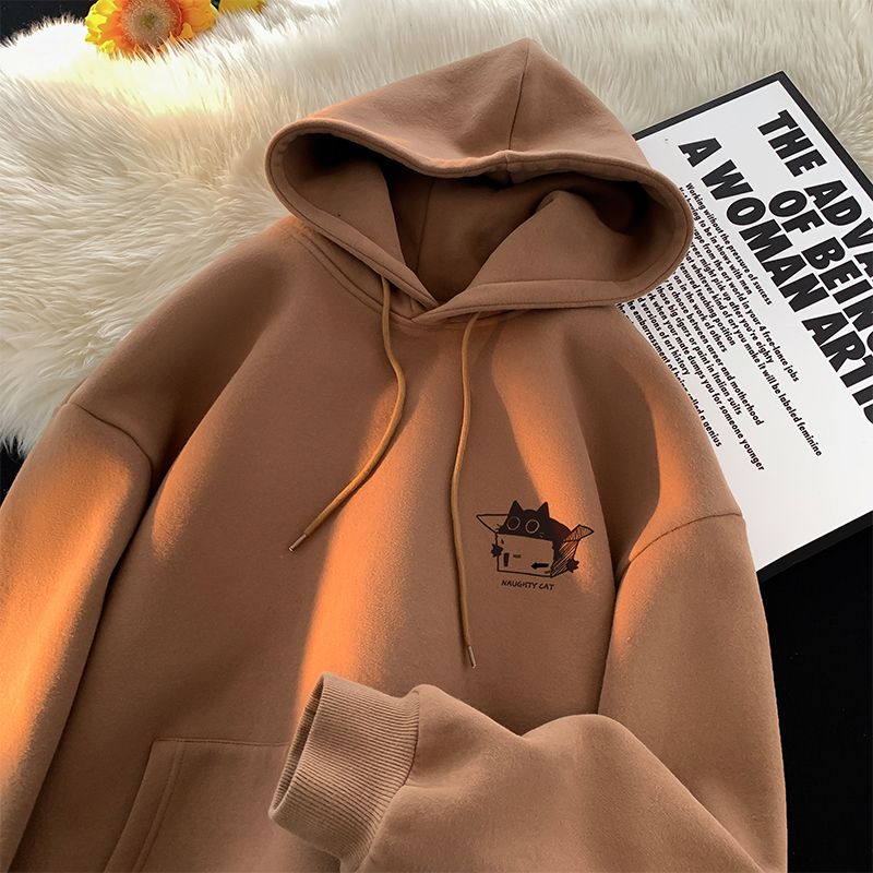 銀狐絨刷毛貓咪印花ins美式復古連帽T