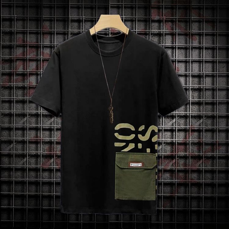【單件/套裝】美式設計感寬松拼接口袋短袖t恤+潮流休閑褲兩件套
