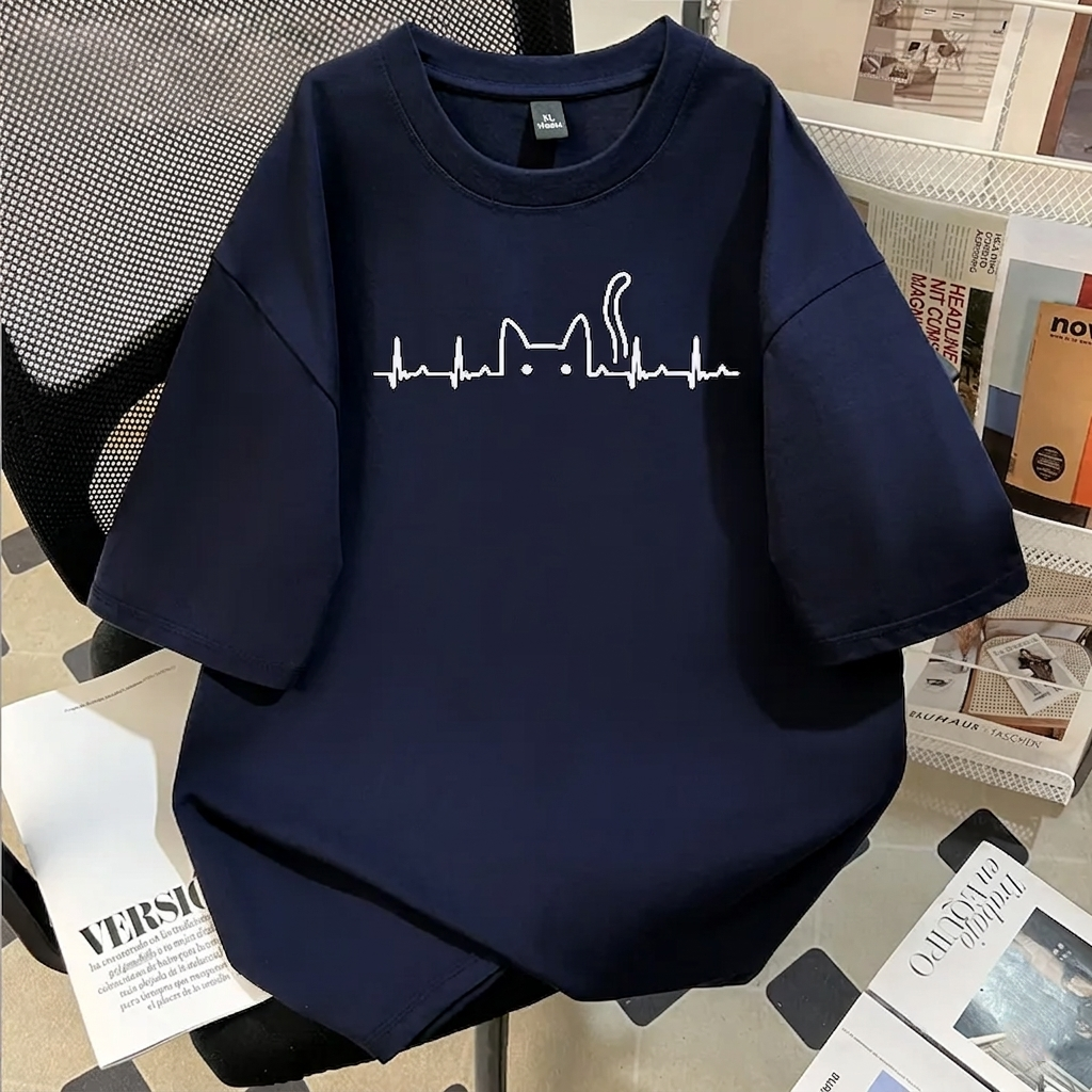 日系設計感寬松節奏跳動音頻貓咪印花短袖T恤