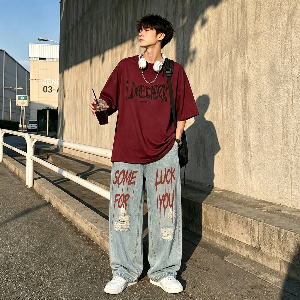 【單件/套裝】酷帥嘻哈搭配美式帥氣高街短袖T恤+破洞牛仔褲兩件套