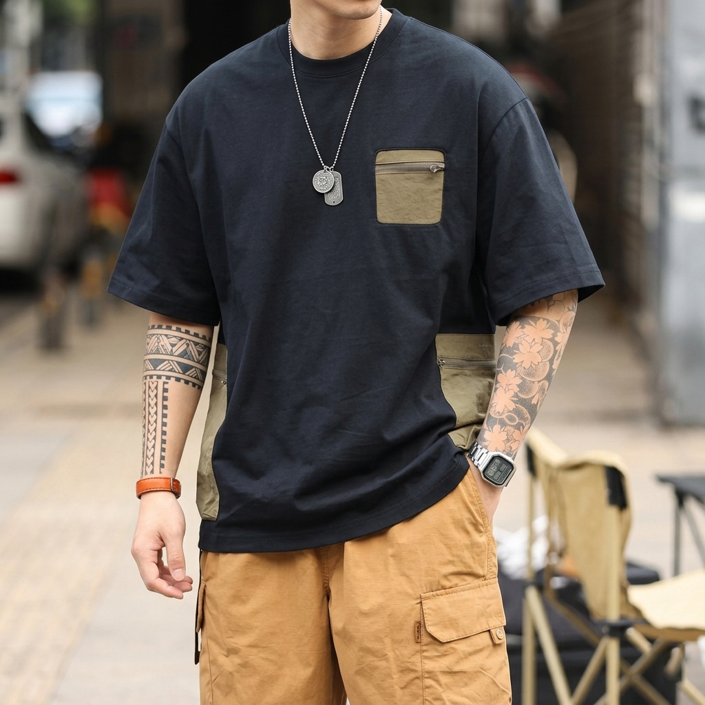 美式休閒寬鬆復古機能設計感拉鍊口袋短袖T恤