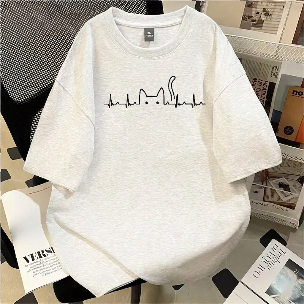 日系設計感寬松節奏跳動音頻貓咪印花短袖T恤