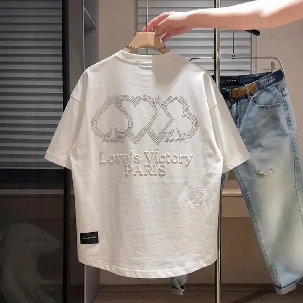 重工刺繡字母圓領寬鬆百搭透氣燕尾短袖T恤