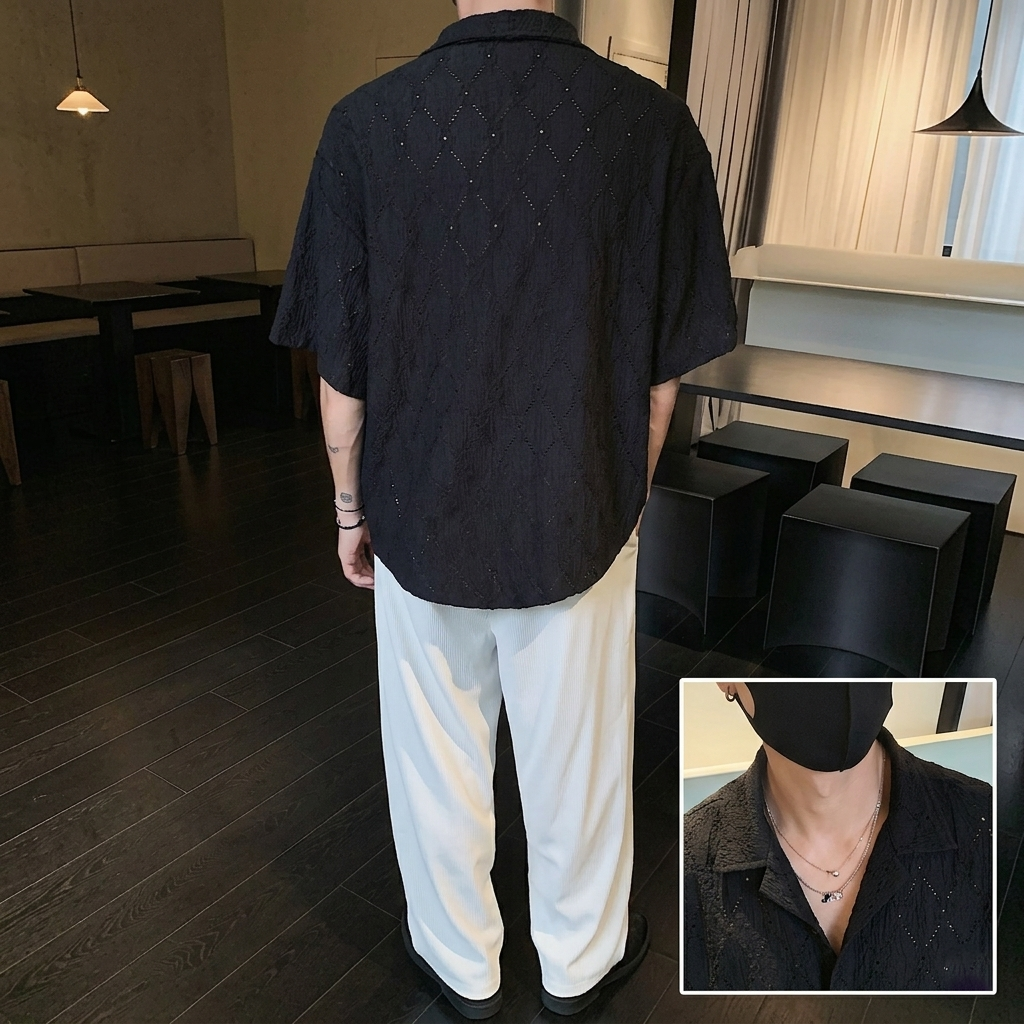 美式復古鏤空設計寬鬆涼感古巴領短袖襯衫