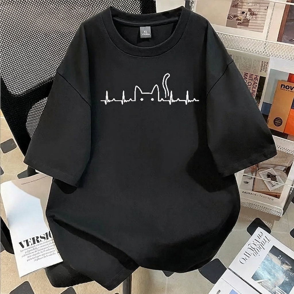 日系設計感寬松節奏跳動音頻貓咪印花短袖T恤