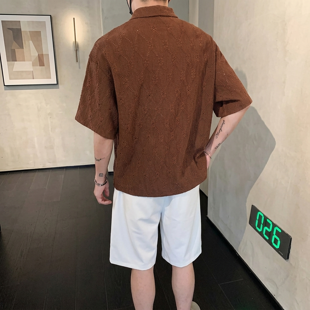 美式復古鏤空設計寬鬆涼感古巴領短袖襯衫