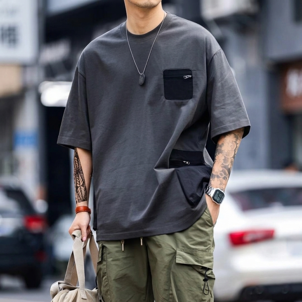 美式休閒寬鬆復古機能設計感拉鍊口袋短袖T恤