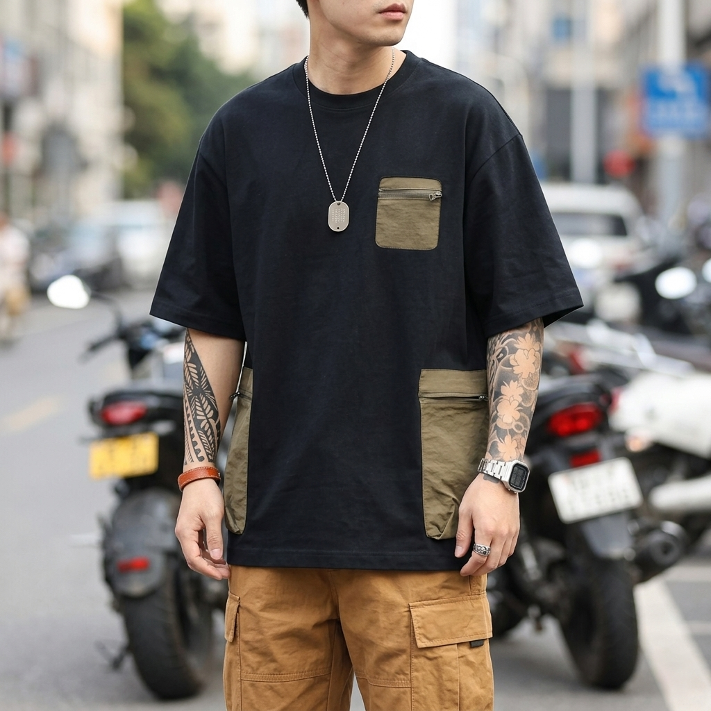 美式休閒寬鬆復古機能設計感拉鍊口袋短袖T恤