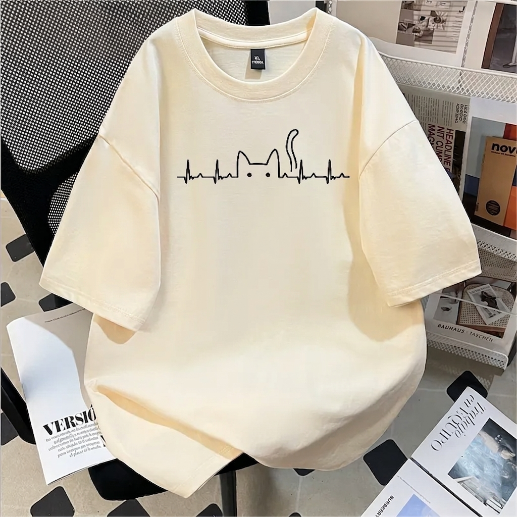 日系設計感寬松節奏跳動音頻貓咪印花短袖T恤