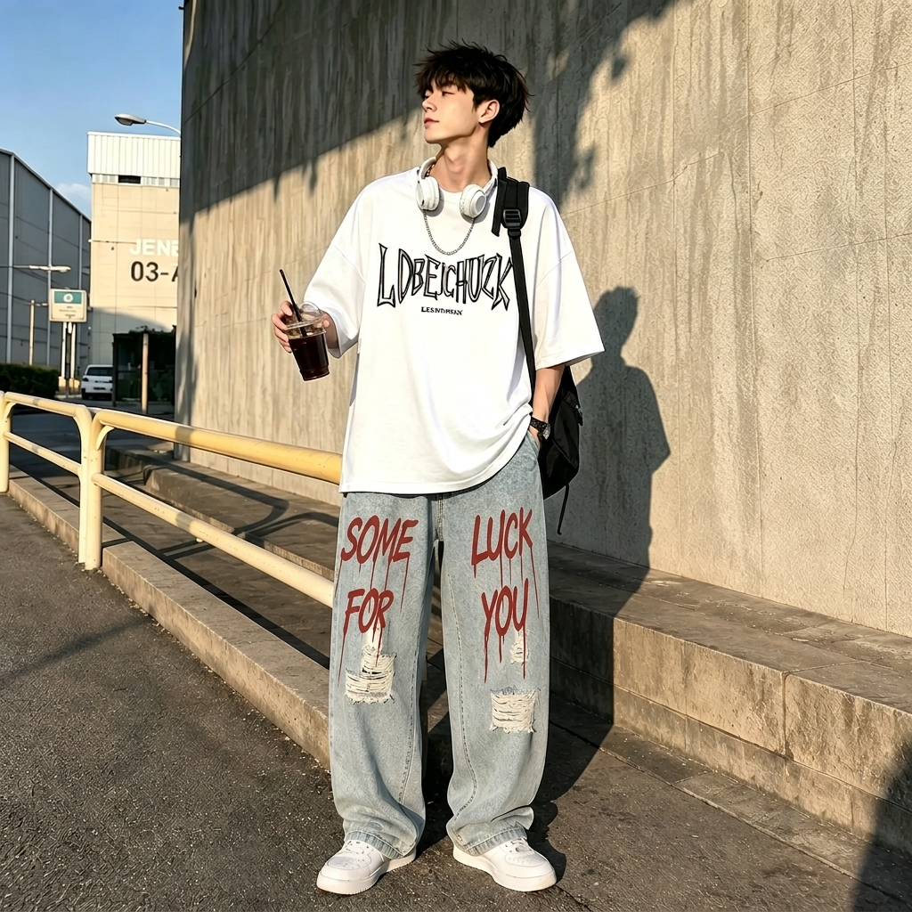 【單件/套裝】酷帥嘻哈搭配美式帥氣高街短袖T恤+破洞牛仔褲兩件套